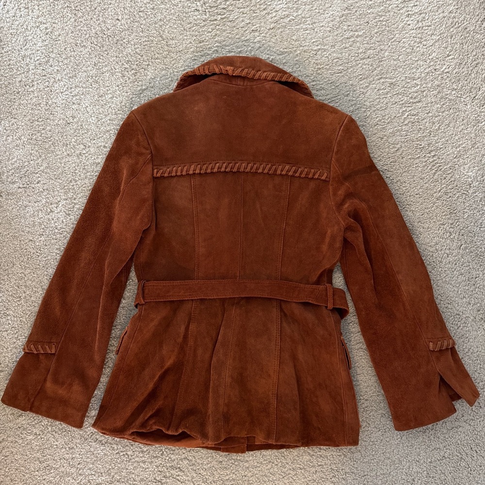 Vintage Suede Jacket 70s 80's Small Boho Western Whipstitch Cognac Leather Coat - Picture 2 of 16